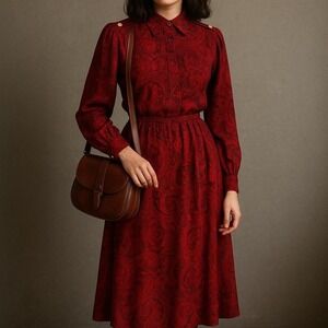 California Girls Vintage‎ Red Paisley Midi Dress w/ Gold Buttons – Size 4
